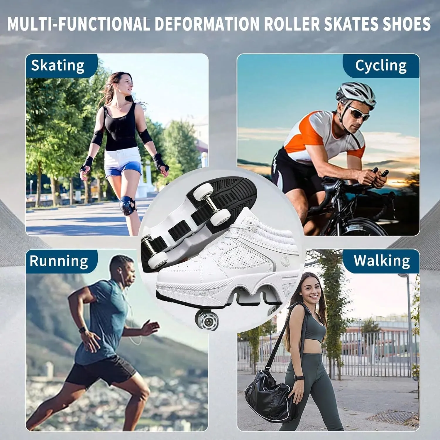 2 in 1 Roller Shoes PU Leather Outdoor Deformation Roller Skates for Men Women, Retractable Automatic Walking Sneakers with Wheels Comfortable High-Top Casual