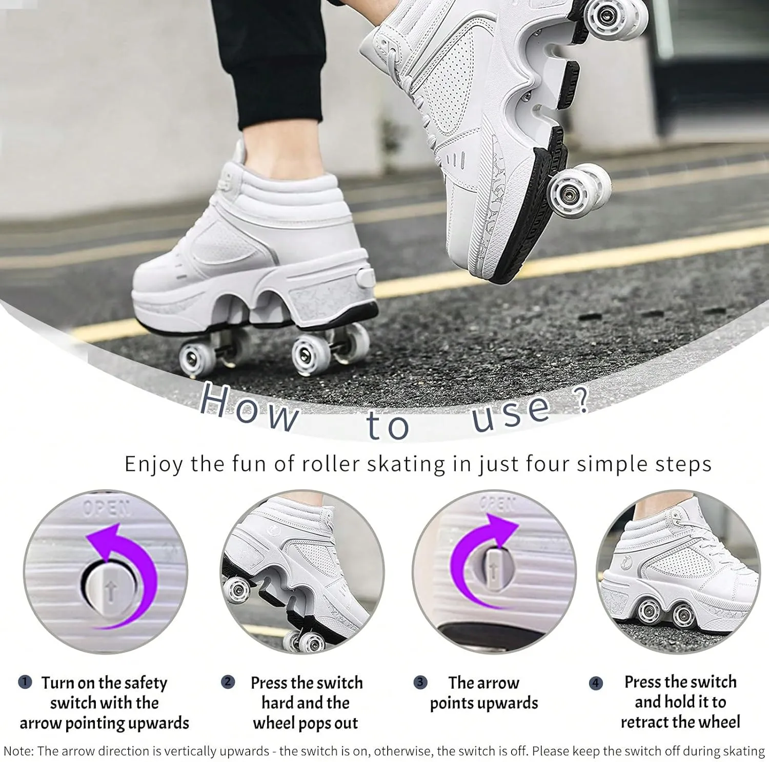 2 in 1 Roller Shoes PU Leather Outdoor Deformation Roller Skates for Men Women, Retractable Automatic Walking Sneakers with Wheels Comfortable High-Top Casual