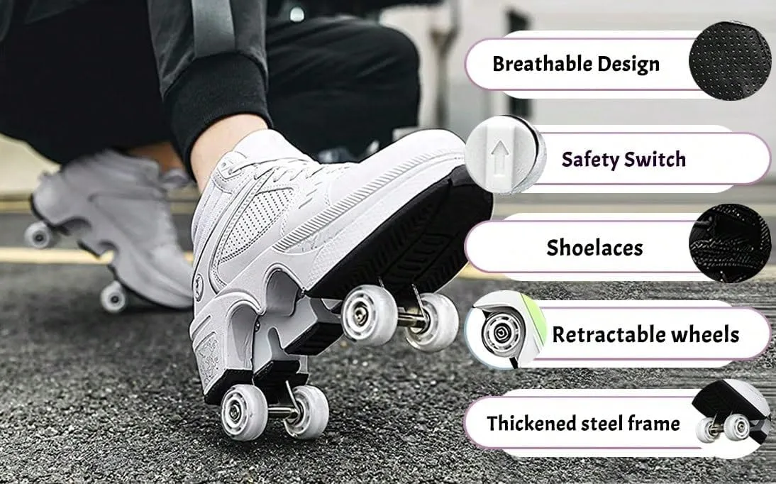 2 in 1 Roller Shoes PU Leather Outdoor Deformation Roller Skates for Men Women, Retractable Automatic Walking Sneakers with Wheels Comfortable High-Top Casual
