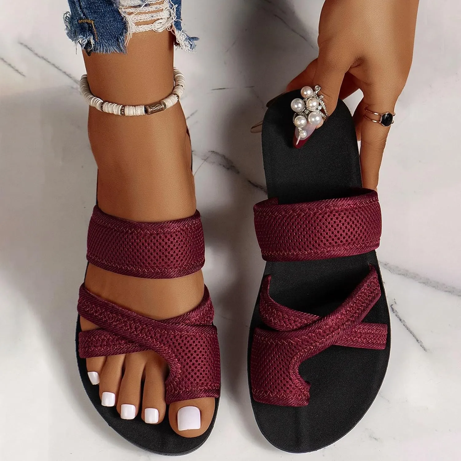 2024 Women's Hollow Mesh Slide Sandals - Comfortable Orthopedic Arch Support Mesh Sandals Slip On Beach Walking Shoes