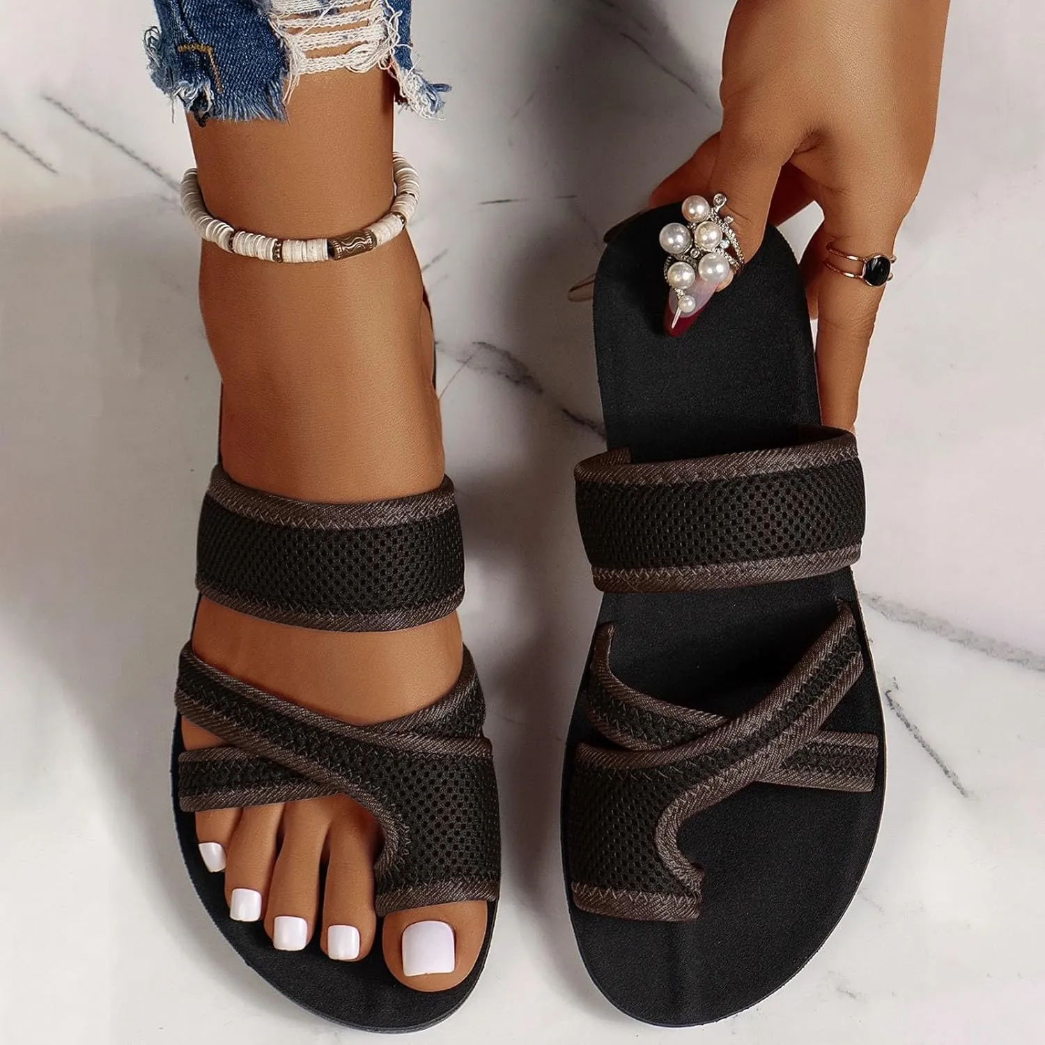 2024 Women's Hollow Mesh Slide Sandals - Dressy Summer Flats Comfortable Orthopedic Arch Support Slip On Mesh Sandals
