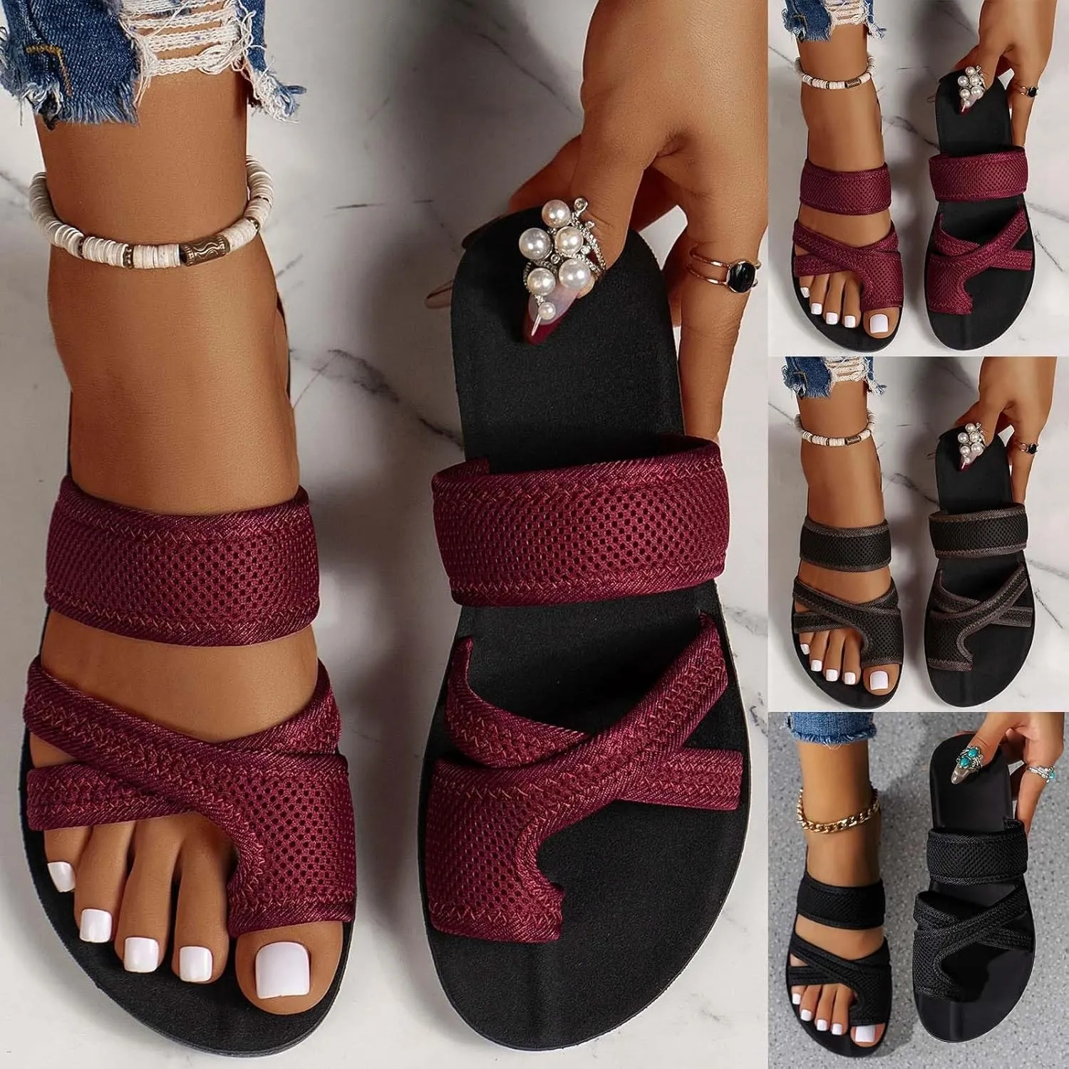 2024 Women's Hollow Mesh Slide Sandals - Dressy Summer Flats Comfortable Orthopedic Arch Support Slip On Mesh Sandals