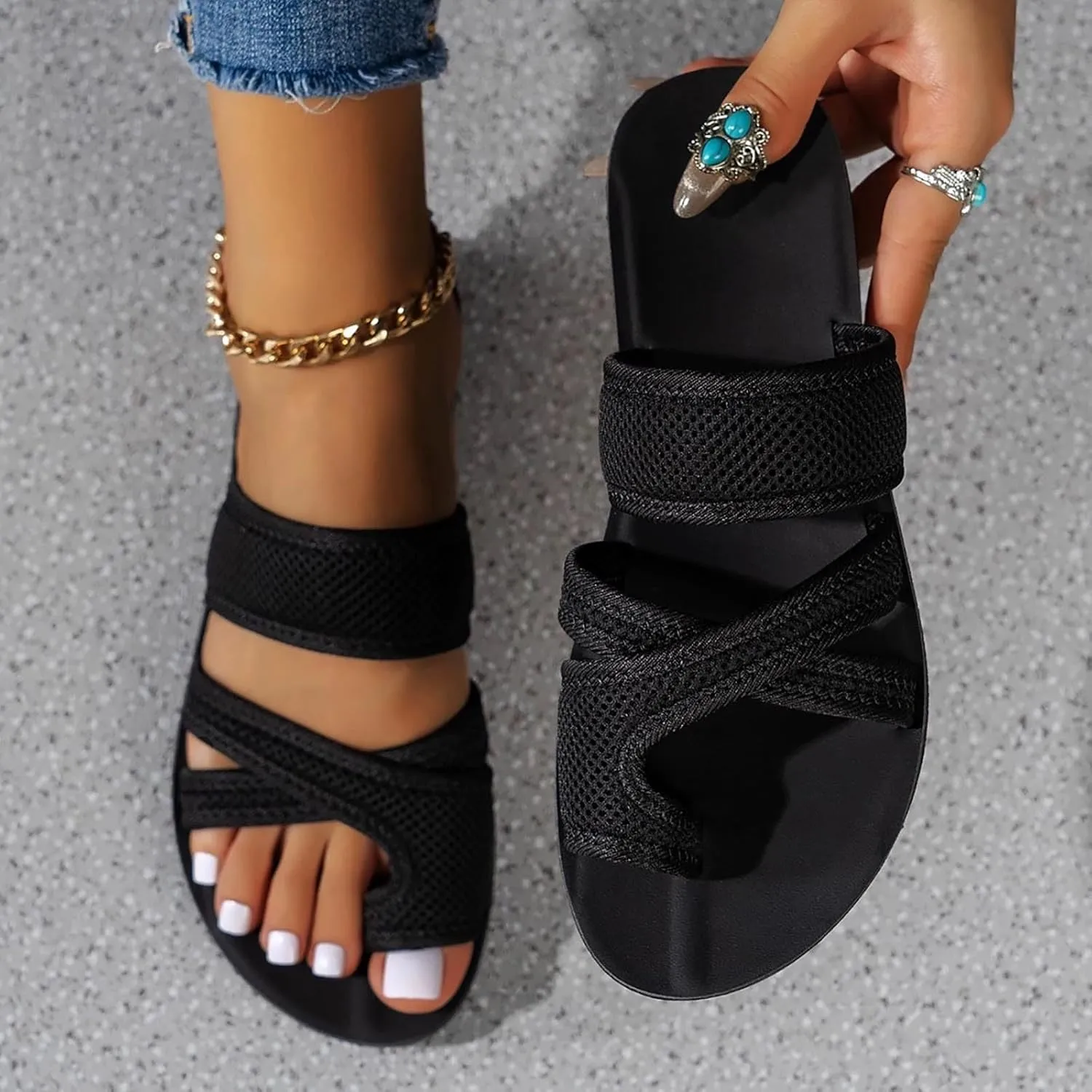 2024 Women's Hollow Mesh Slide Sandals - Dressy Summer Flats Comfortable Orthopedic Arch Support Slip On Mesh Sandals