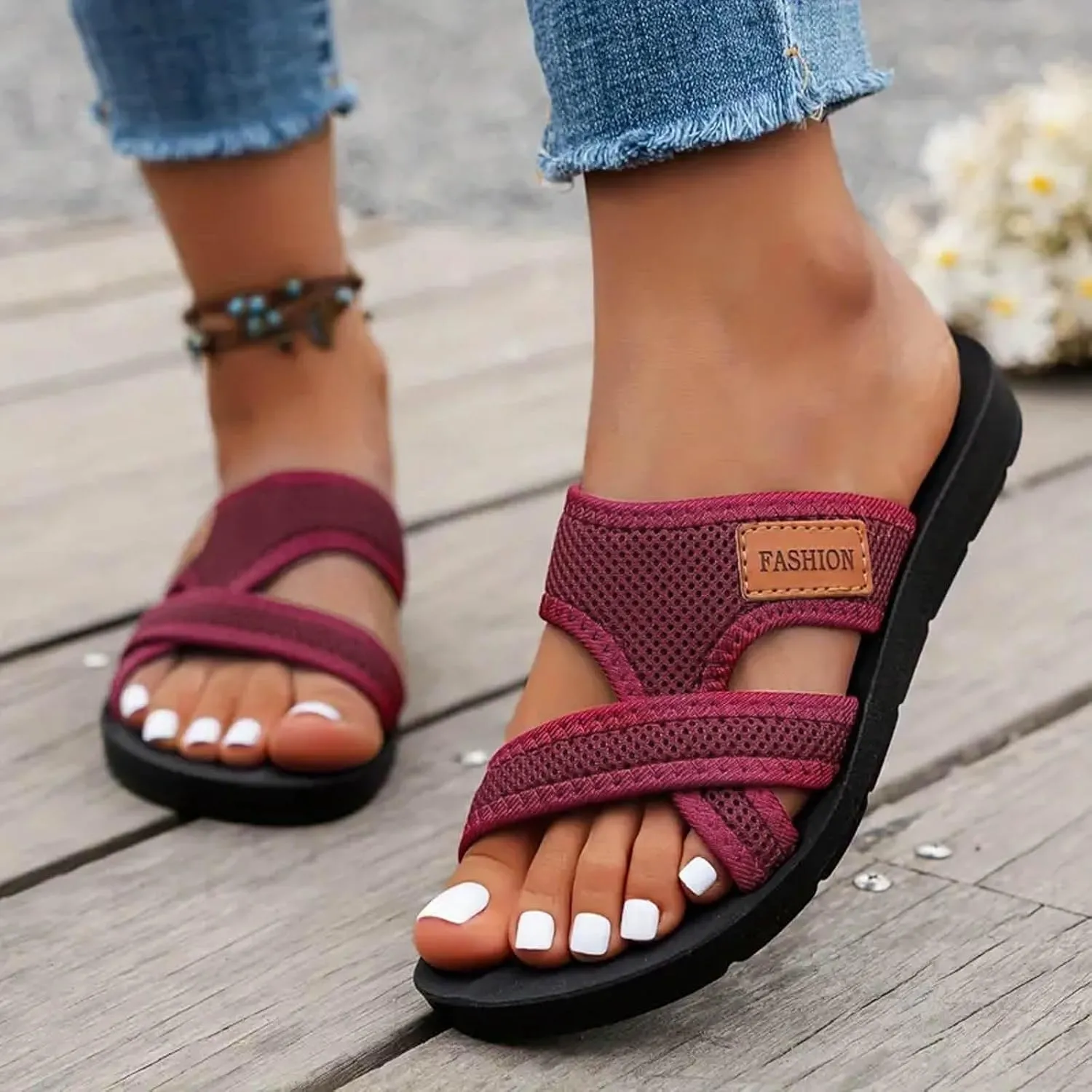 2025 Women's Hollow Mesh Slide Sandals, Summer Fashion Hollow Mesh Slide Sandals with Loop Toe,Orthopedic Shoes Slippers