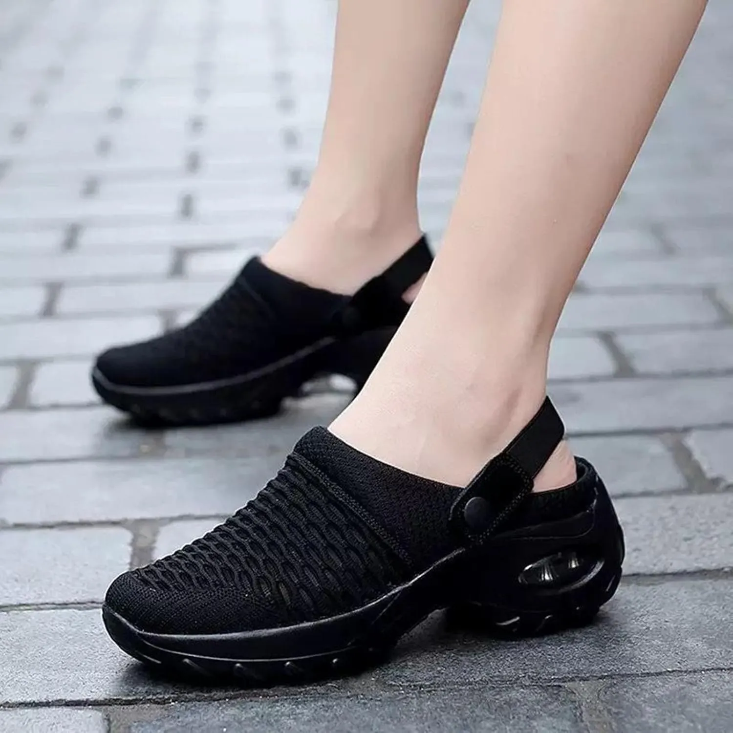 Air Cushion Orthopedic Slip On Shoes Womens Breathable Mesh Garden Shoes Comfortable Walking Shoes Fashion Knit Fabric Clogs For Women On Feet All Day