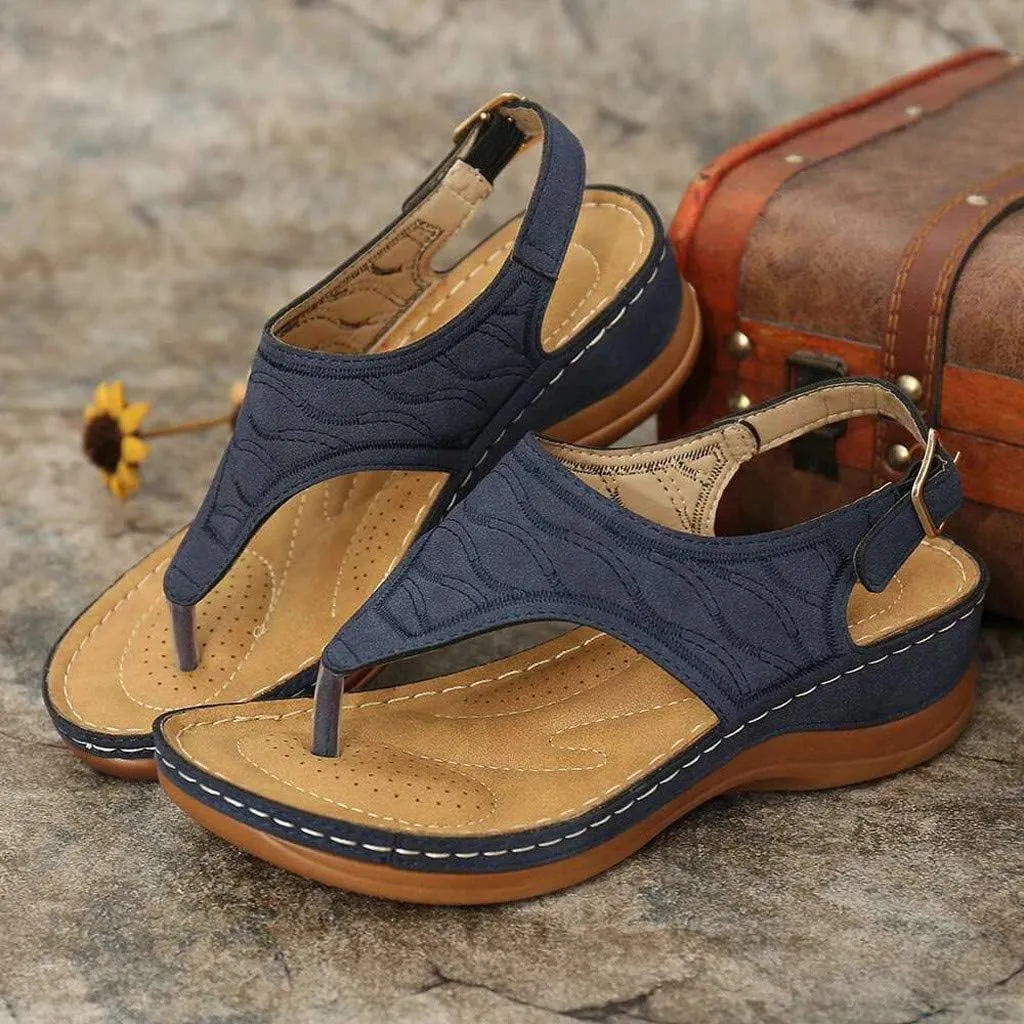 AMDBEL Sandals for Women 2024 Comfortable Platform Thong Flat Shoes Leather Foam Beach Sandals Vacation Embroidery Sandals