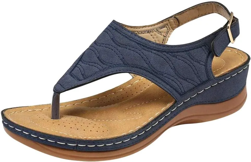 AMDBEL Sandals for Women 2024 Comfortable Platform Thong Flat Shoes Leather Foam Beach Sandals Vacation Embroidery Sandals