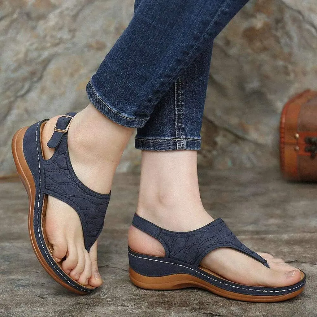 AMDBEL Sandals for Women 2024 Comfortable Platform Thong Flat Shoes Leather Foam Beach Sandals Vacation Embroidery Sandals