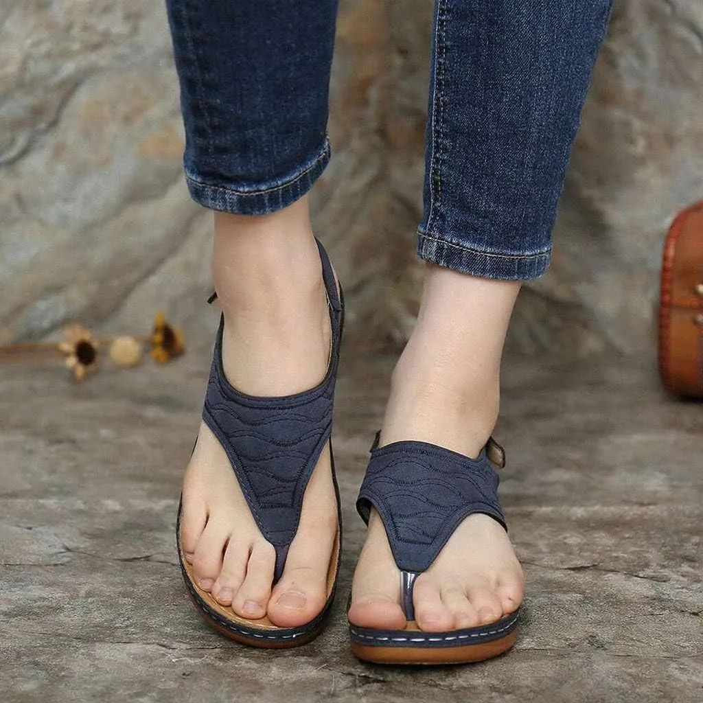 AMDBEL Sandals for Women 2024 Comfortable Platform Thong Flat Shoes Leather Foam Beach Sandals Vacation Embroidery Sandals