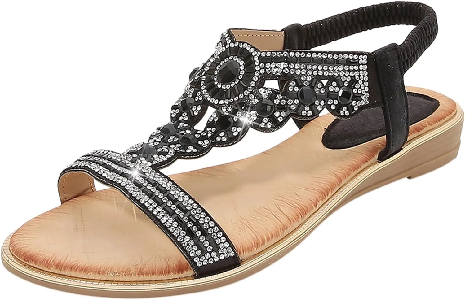 AMDBEL Sandals for Women 2024 Dressy Sandals Comfort Walking Slip on Casual Summer Elastic Jeweled Bohemian Flats Beach Shoes