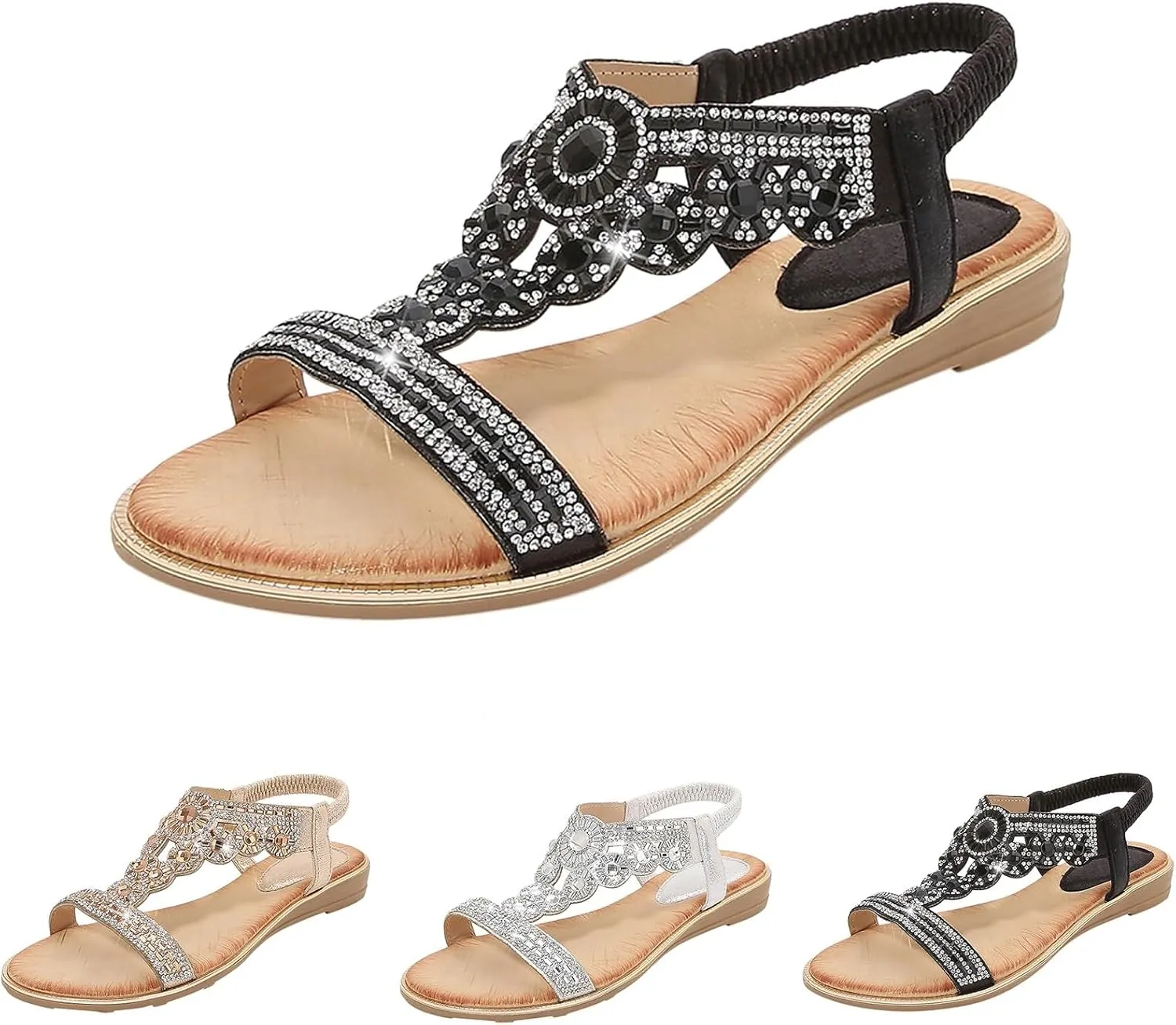 AMDBEL Sandals for Women 2024 Dressy Sandals Comfort Walking Slip on Casual Summer Elastic Jeweled Bohemian Flats Beach Shoes