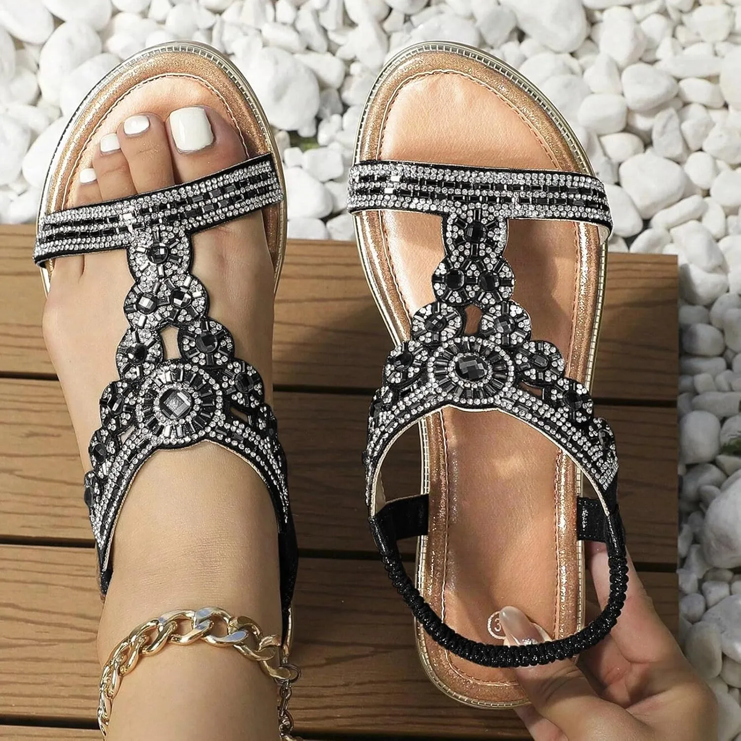 AMDBEL Sandals for Women 2024 Dressy Sandals Comfort Walking Slip on Casual Summer Elastic Jeweled Bohemian Flats Beach Shoes