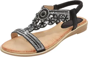 AMDBEL Sandals for Women 2024 Dressy Sandals Comfort Walking Slip on Casual Summer Elastic Jeweled Bohemian Flats Beach Shoes