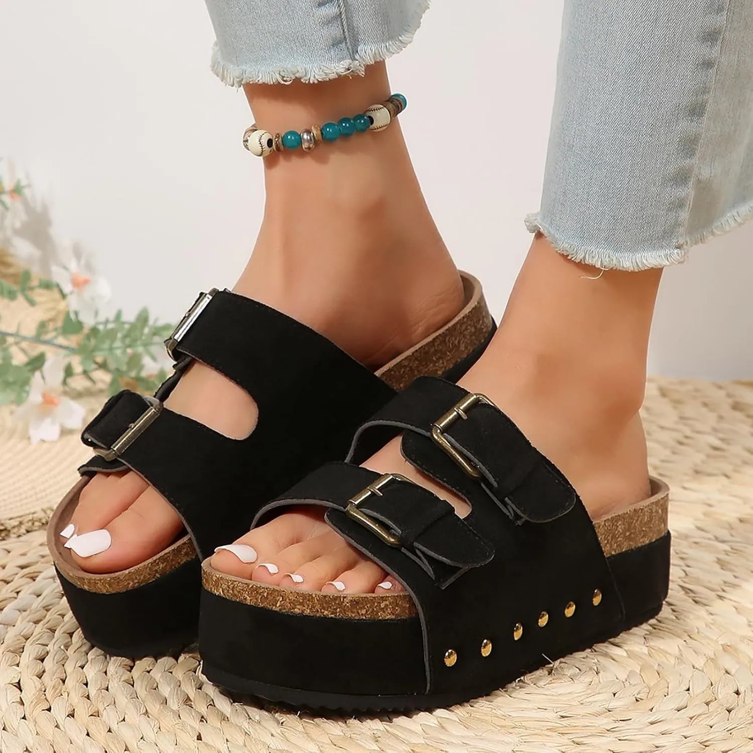 AMDBEL Sandals for Women 2024,Women's Platform Sandals Slip on Mules Casual Buckle Straps Summer Slippers Shoes