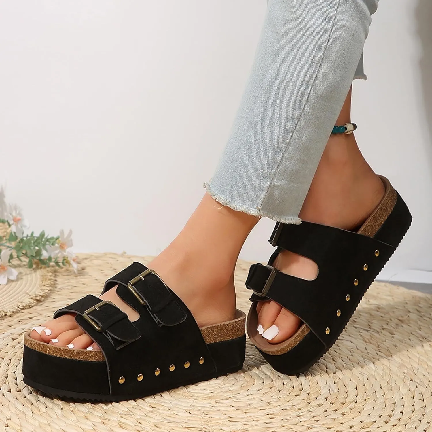 AMDBEL Sandals for Women 2024,Women's Platform Sandals Slip on Mules Casual Buckle Straps Summer Slippers Shoes