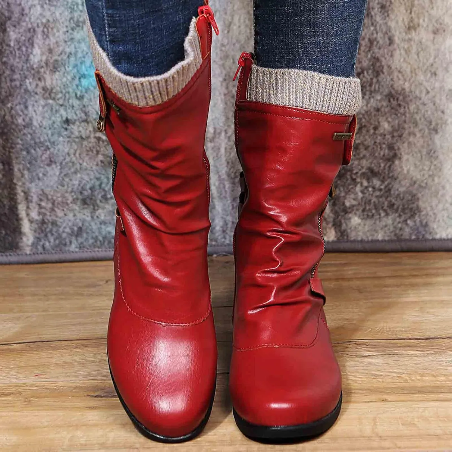 Ankle Boots for Women Comfy Mid Calf Boots for Women Low Heel Winter Flat Large Size Woolen Mouth Mid Calf Boots