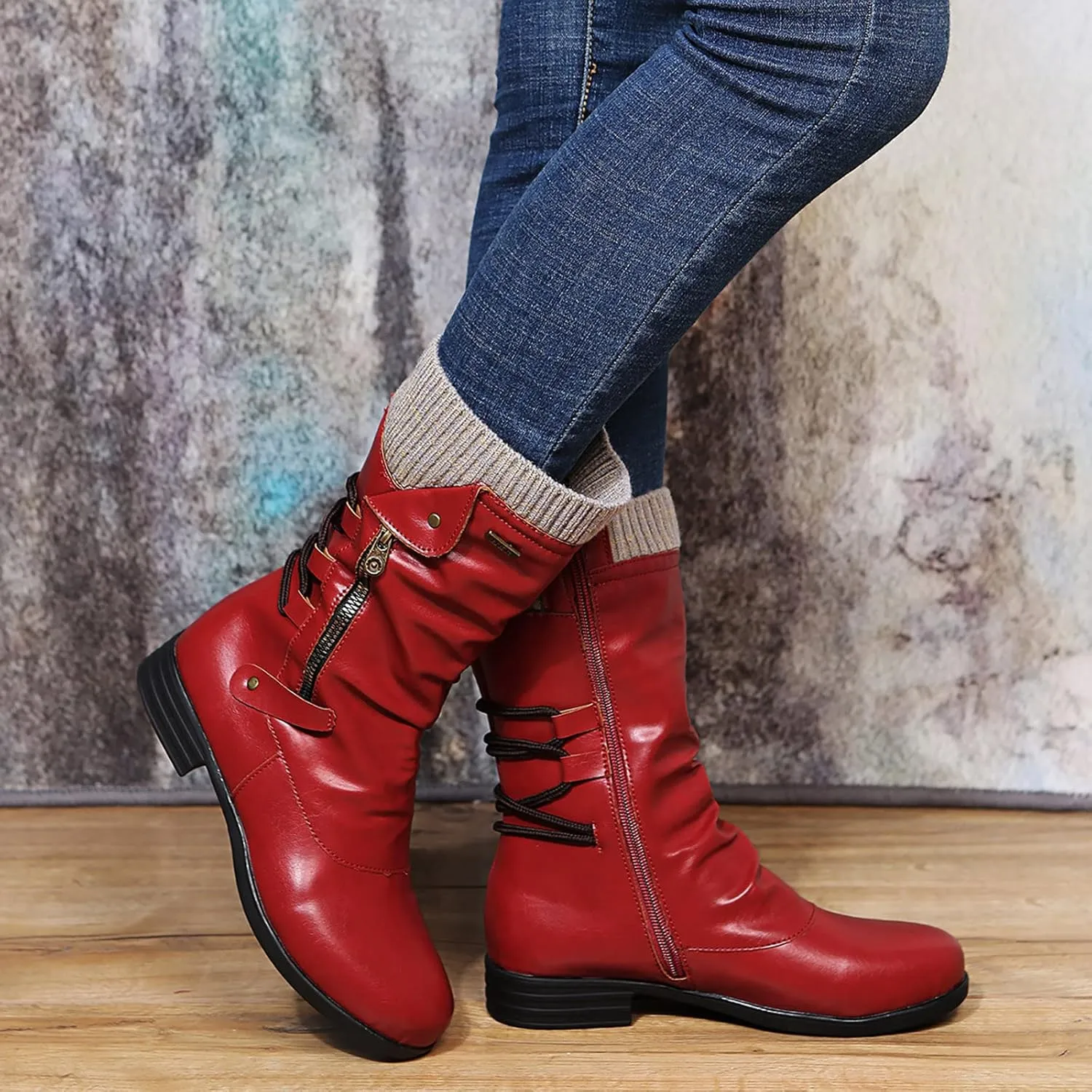 Ankle Boots for Women Comfy Mid Calf Boots for Women Low Heel Winter Flat Large Size Woolen Mouth Mid Calf Boots