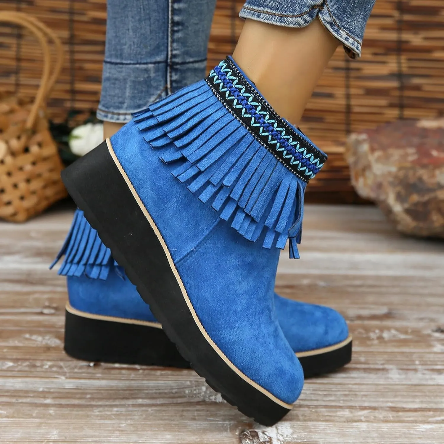 Ankle Boots for Women Dressy Platform Boots Comfortable Soft Sole Chunky Slope Heel Fringe Frosted Suede Booties