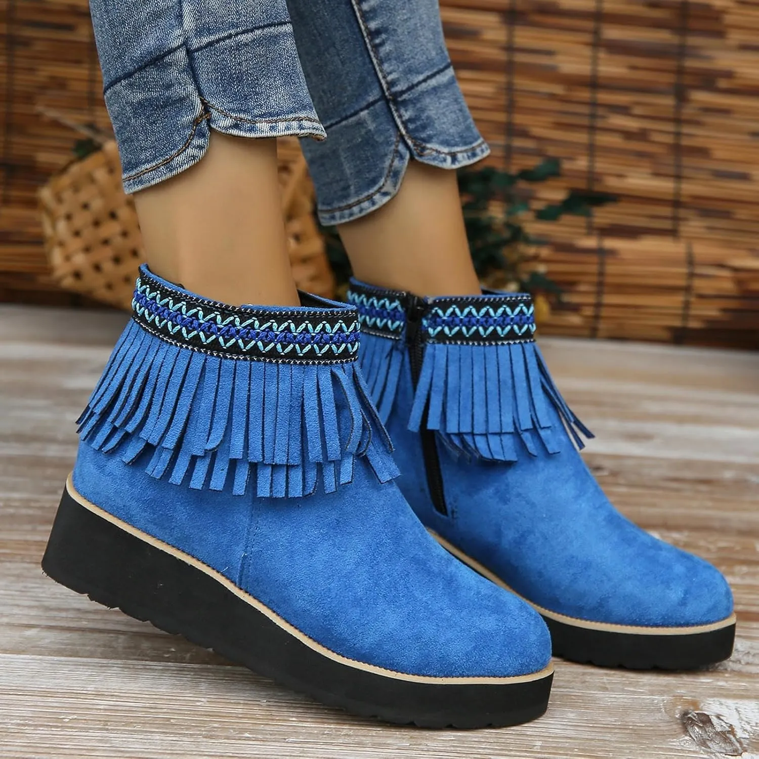 Ankle Boots for Women Dressy Platform Boots Comfortable Soft Sole Chunky Slope Heel Fringe Frosted Suede Booties