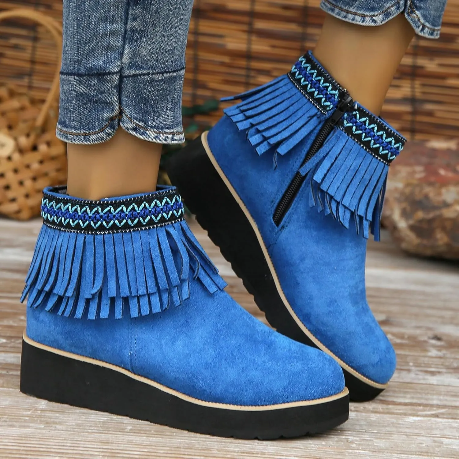 Ankle Boots for Women Dressy Platform Boots Comfortable Soft Sole Chunky Slope Heel Fringe Frosted Suede Booties