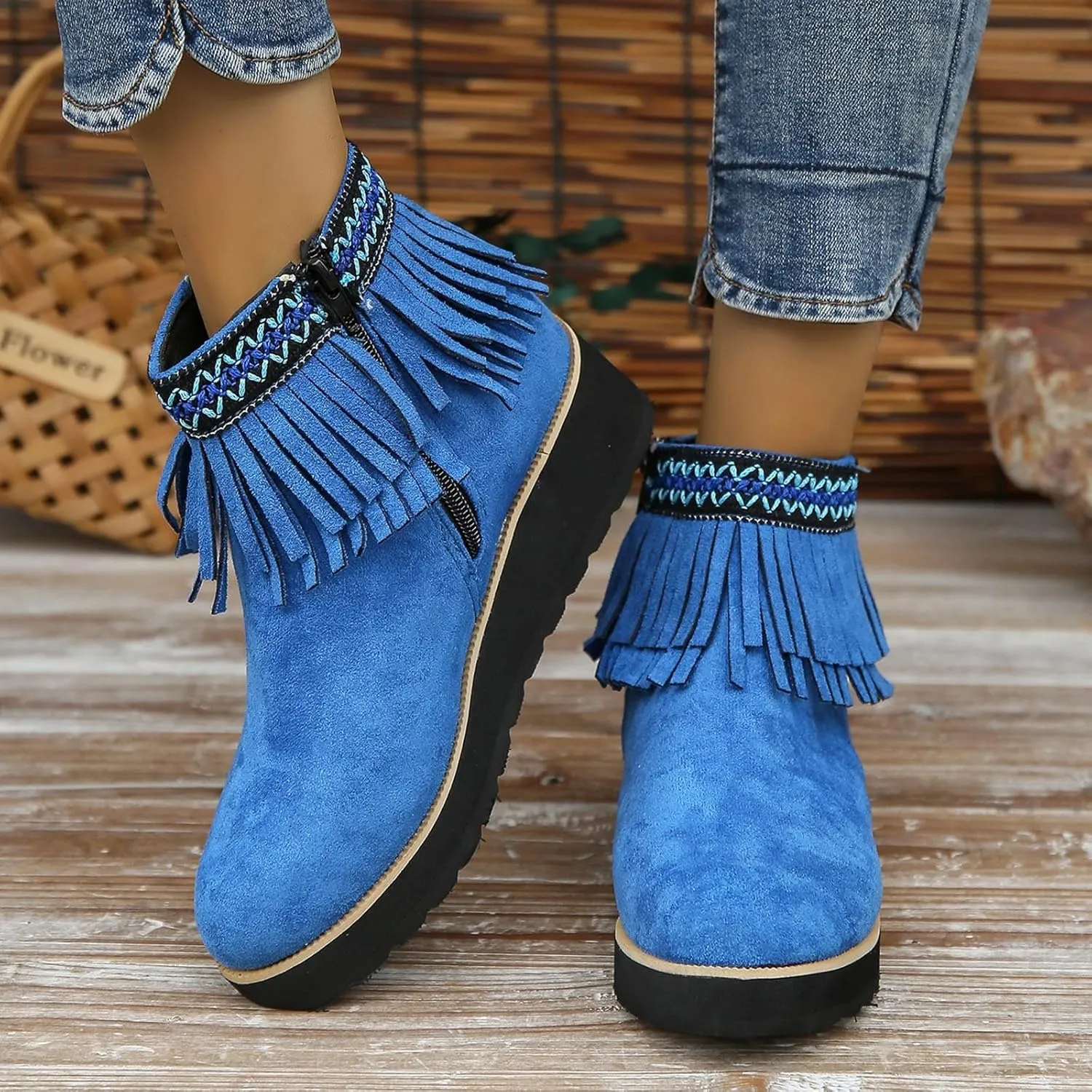 Ankle Boots for Women Dressy Platform Boots Comfortable Soft Sole Chunky Slope Heel Fringe Frosted Suede Booties
