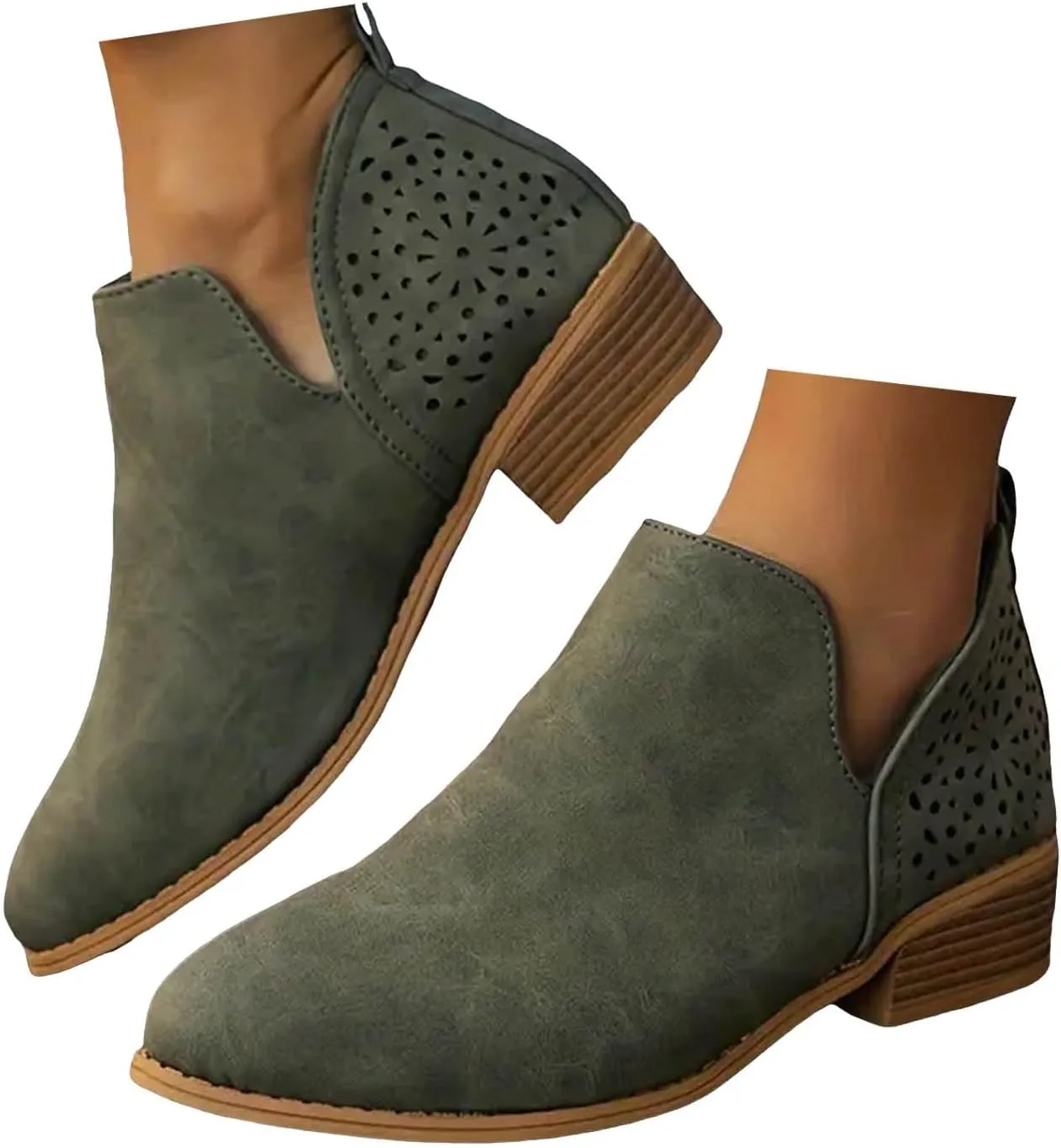 Ankle Boots for Women Low Heel Women's Boots Ankle Booties Pointed Toe Pull on Chunky Heel Slip on V Cut Women Boots