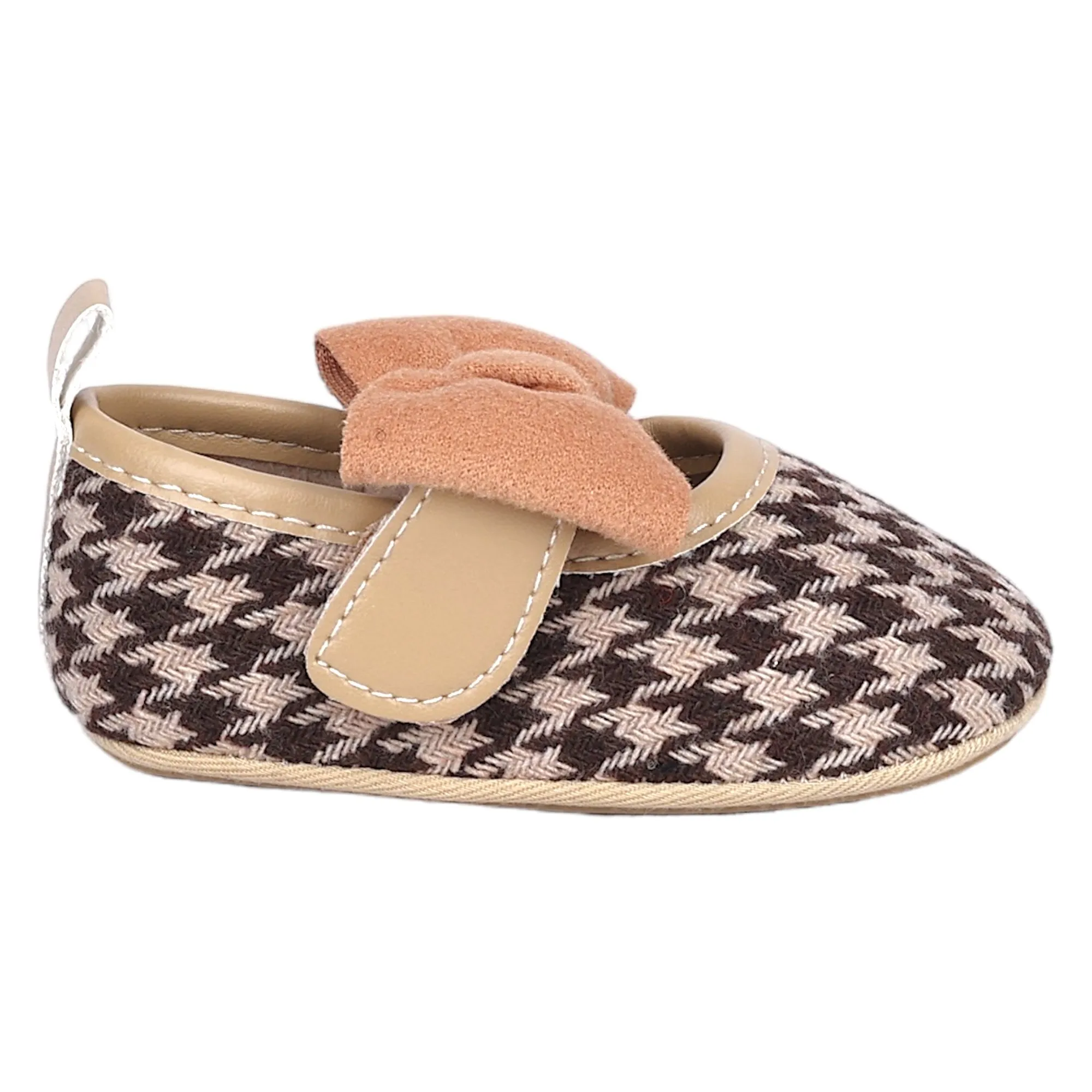 Baby Moo Houndstooth Print with Bow Velcro Strap Anti-Skid Ballerina Booties - Brown