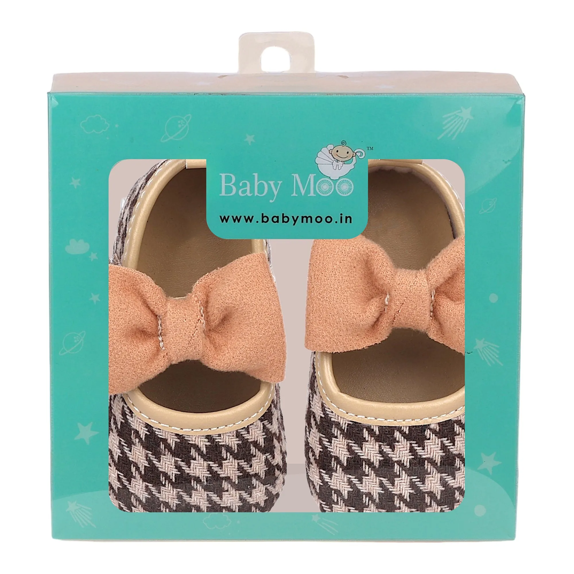 Baby Moo Houndstooth Print with Bow Velcro Strap Anti-Skid Ballerina Booties - Brown