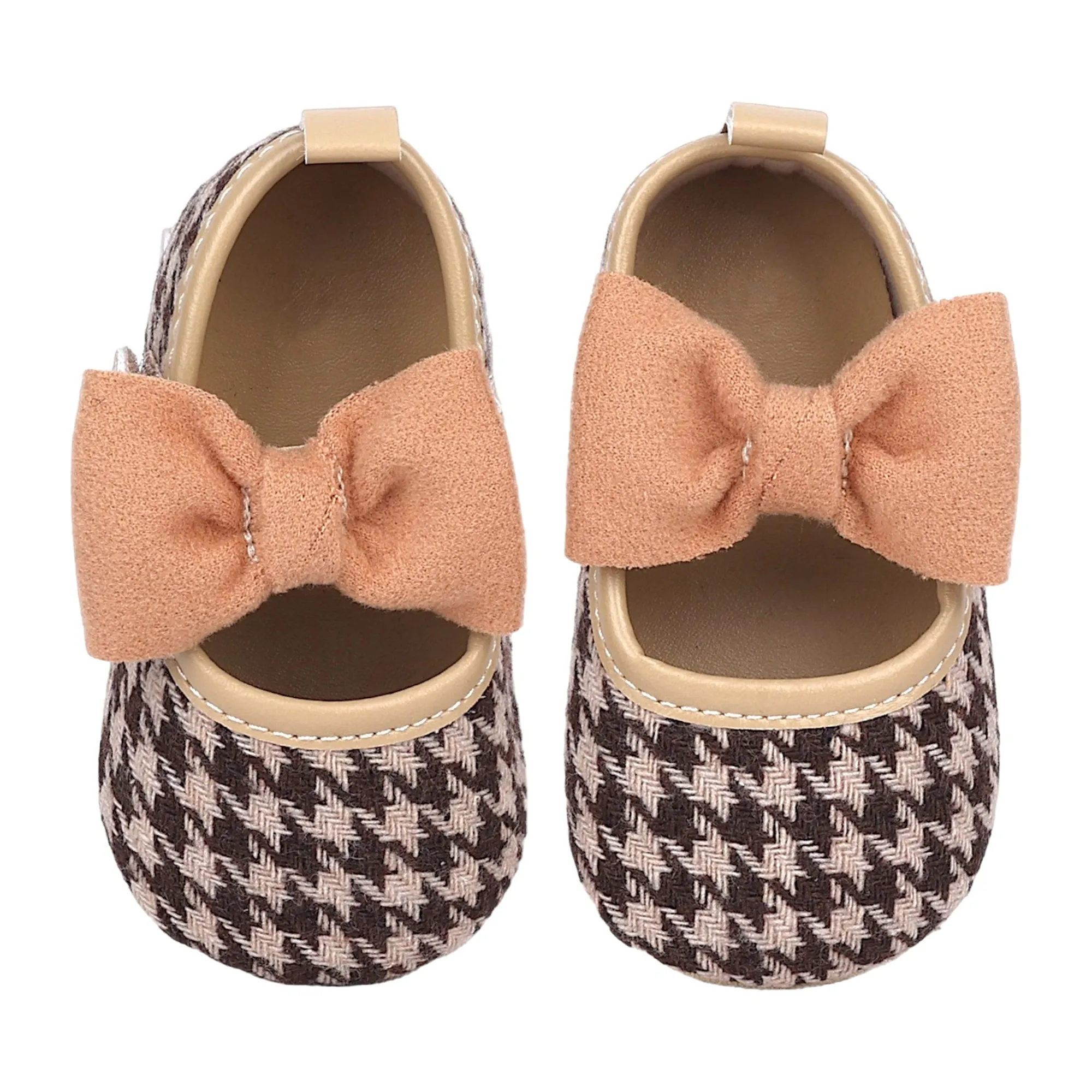 Baby Moo Houndstooth Print with Bow Velcro Strap Anti-Skid Ballerina Booties - Brown