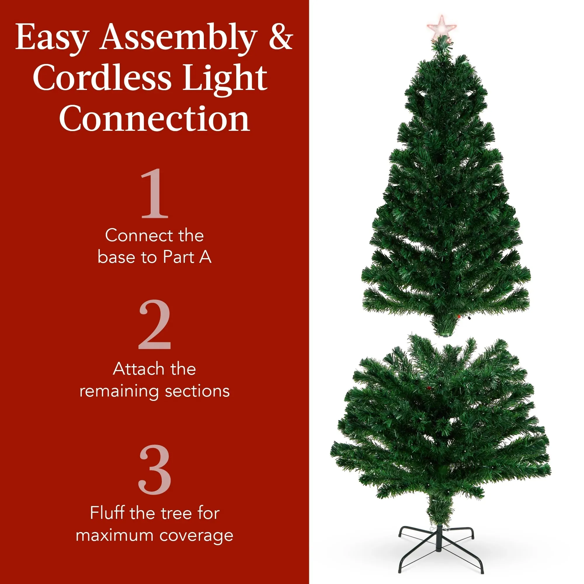 Best Choice Products 6ft Pre-Lit Fiber Optic Artificial Pine Christmas Tree w/ 230 Multicolored LED Lights, 8 Sequences