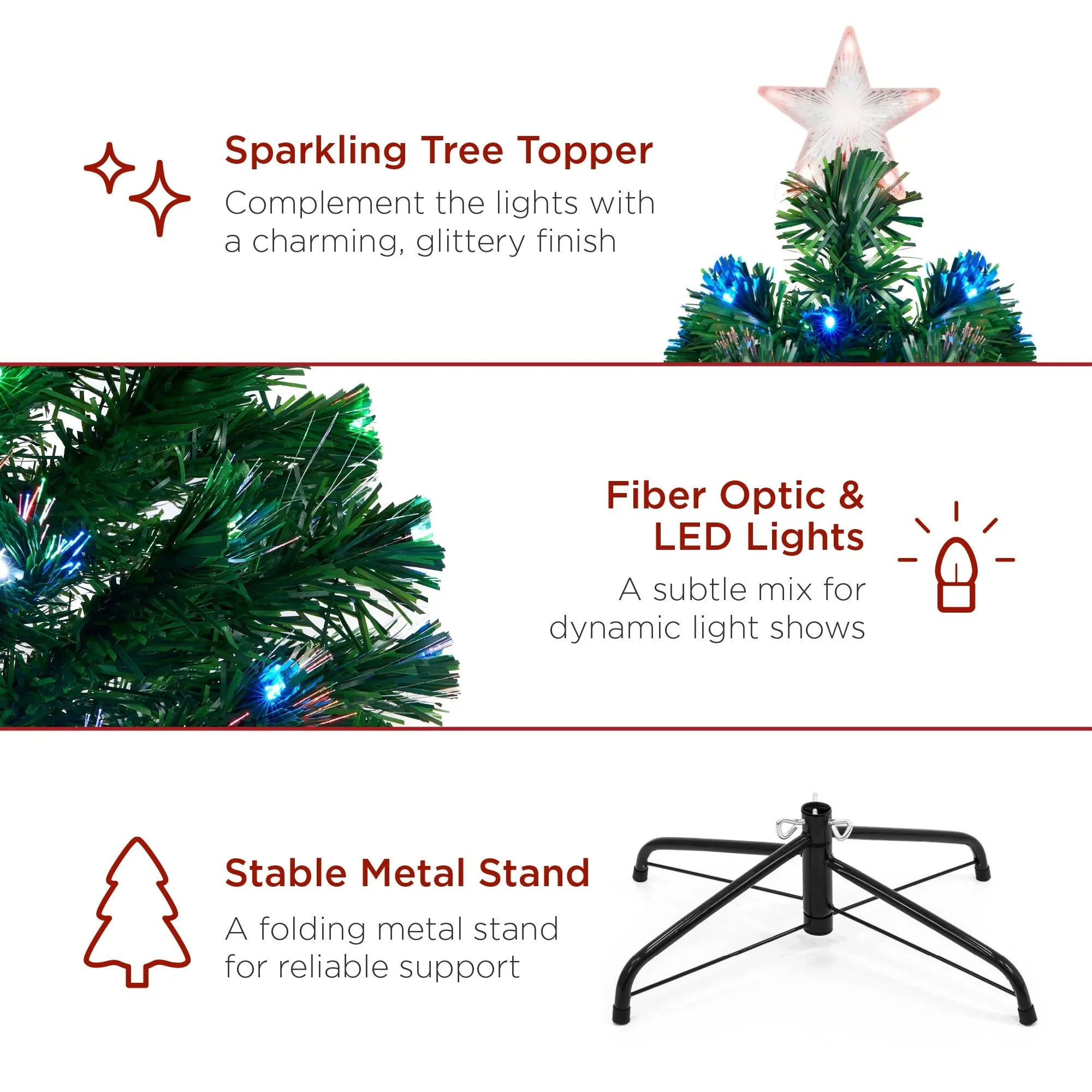 Best Choice Products 6ft Pre-Lit Fiber Optic Artificial Pine Christmas Tree w/ 230 Multicolored LED Lights, 8 Sequences