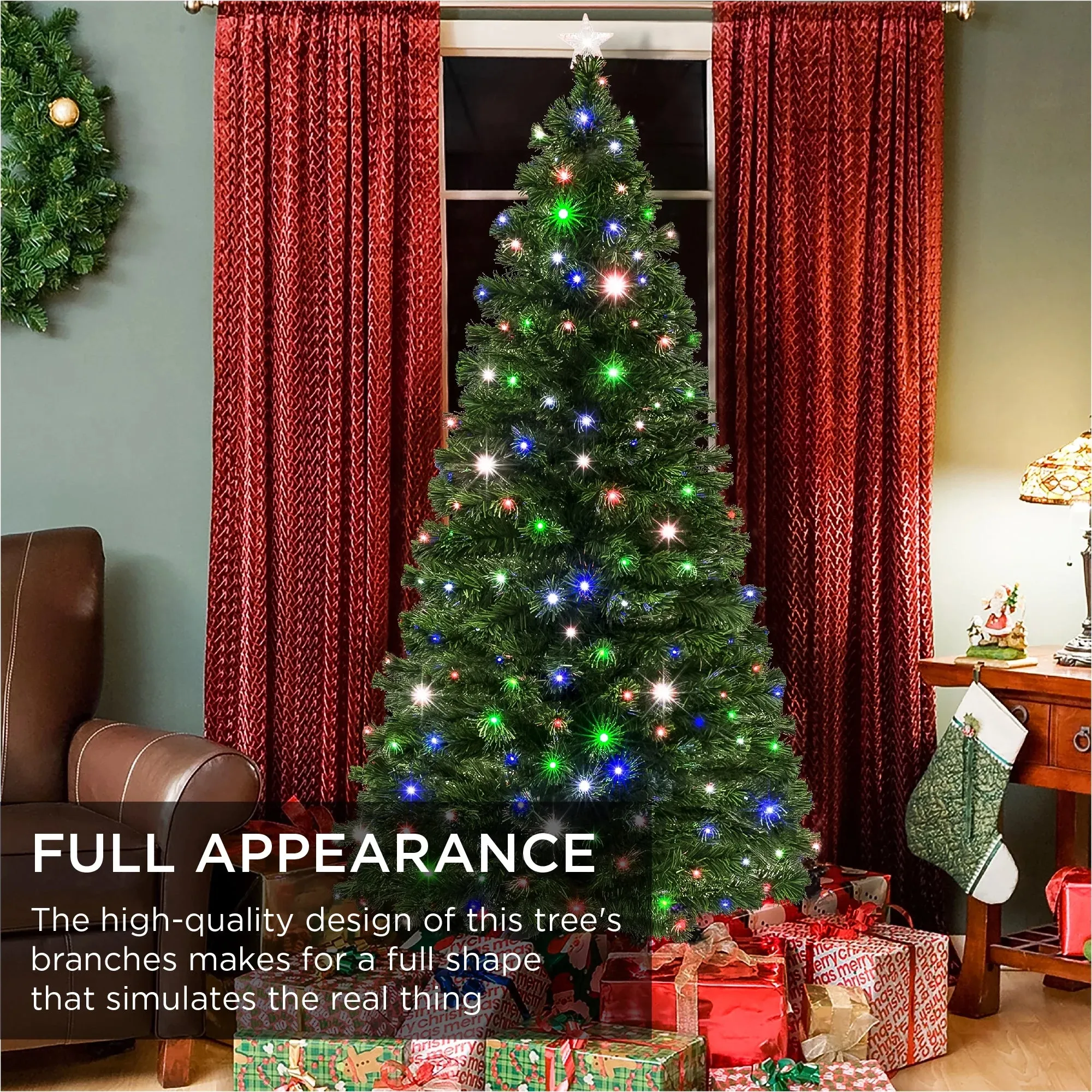 Best Choice Products 6ft Pre-Lit Fiber Optic Artificial Pine Christmas Tree w/ 230 Multicolored LED Lights, 8 Sequences