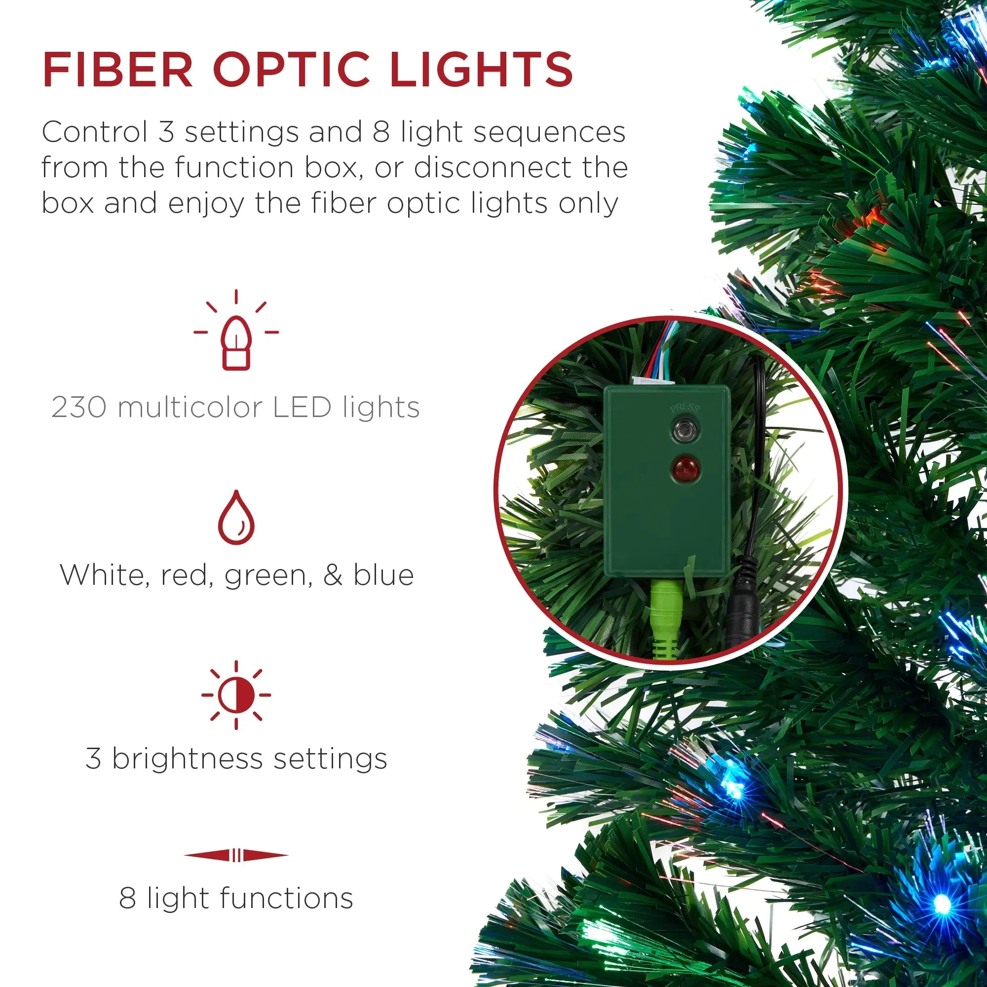 Best Choice Products 6ft Pre-Lit Fiber Optic Artificial Pine Christmas Tree w/ 230 Multicolored LED Lights, 8 Sequences