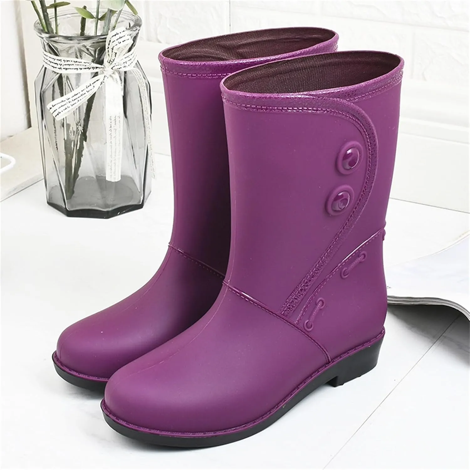 Boots for Women Fashion Rain Boots Short Rain Boots Ankle Rainboot Slip On Rubber Shoes