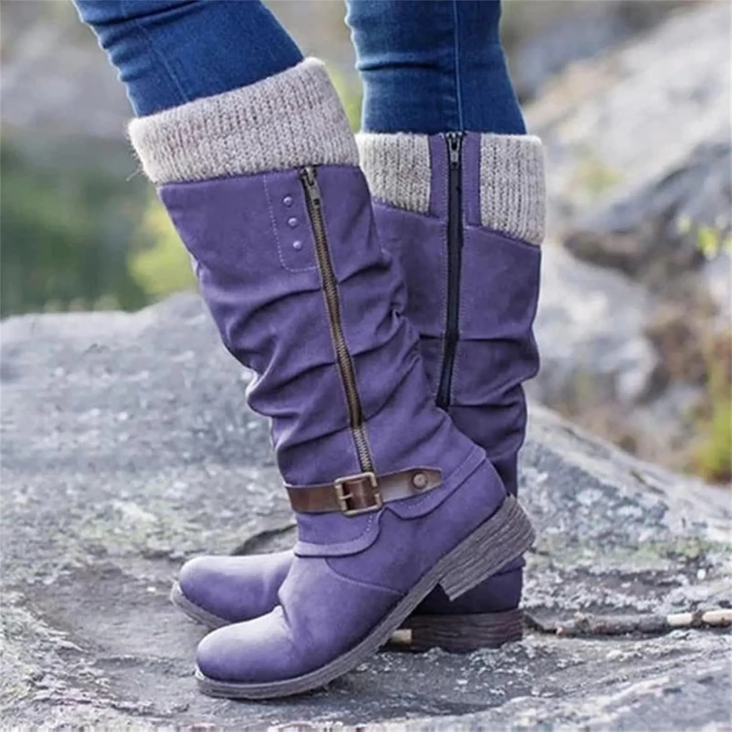 Boots For Women Knee High Wide Calf Mid Calf Combat Boots with Low Heel Square Toe Biker Motorcycle Riding Dress Boots