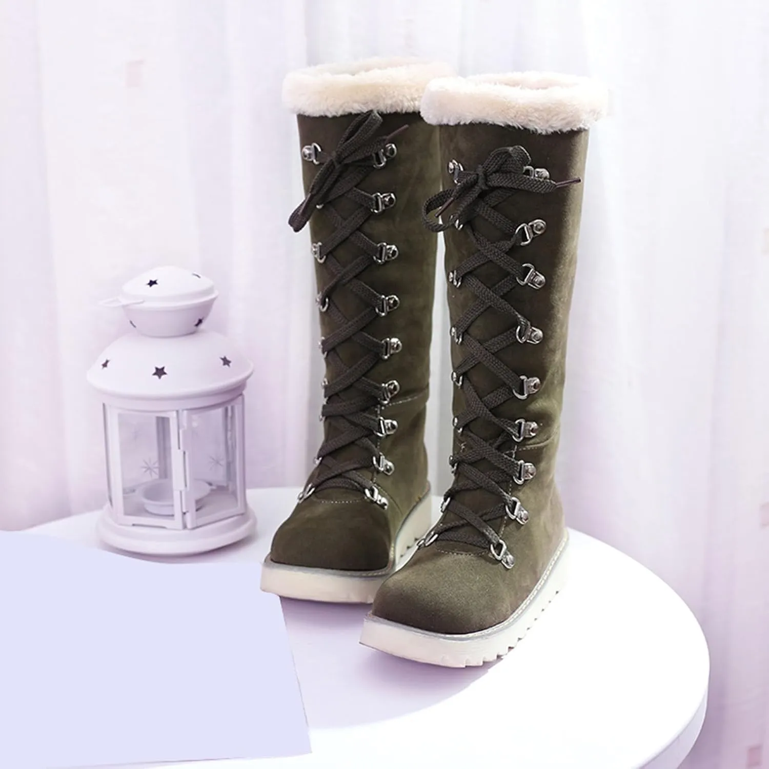 Boots for Women Lace Up Soft Furry Fur Warm Comfortable Womens Boots Round Toe Thick Sole Anti-slip Fashion Boots