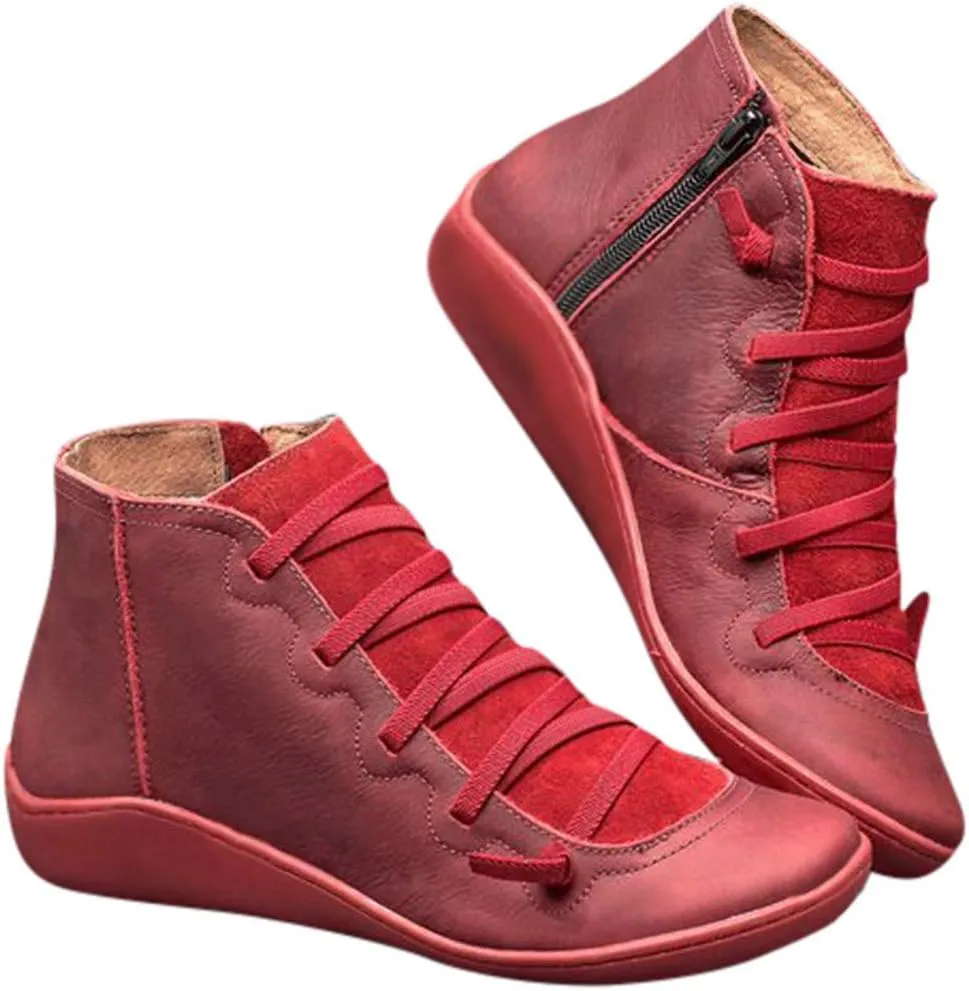 Boots for Women Retro Leather Round Toe Lace up Side Zipper Womens Boots Flat Soft Comfortable Winter Boots for Women