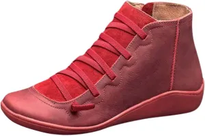 Boots for Women Retro Leather Round Toe Lace up Side Zipper Womens Boots Flat Soft Comfortable Winter Boots for Women