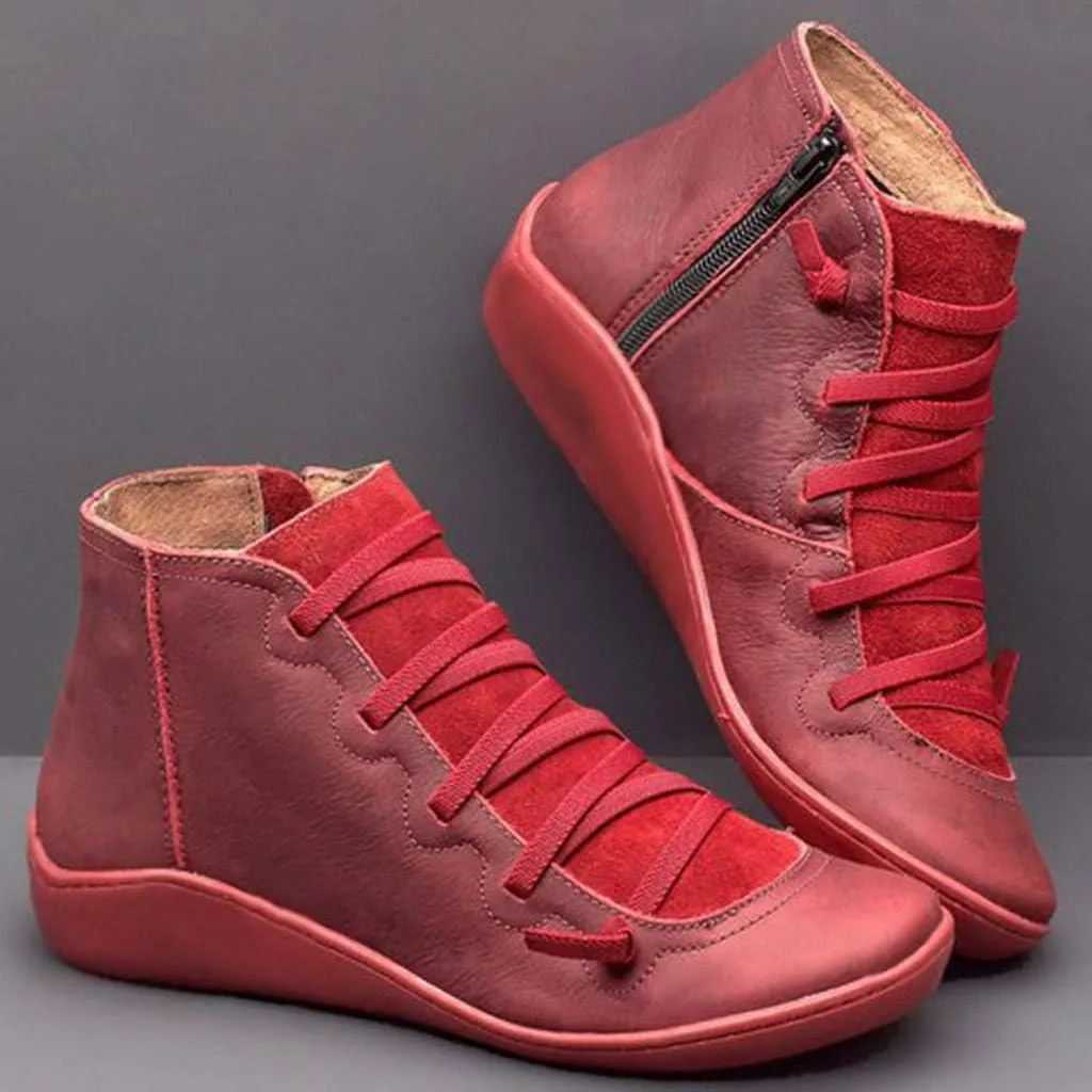 Boots for Women Retro Leather Round Toe Lace up Side Zipper Womens Boots Flat Soft Comfortable Winter Boots for Women