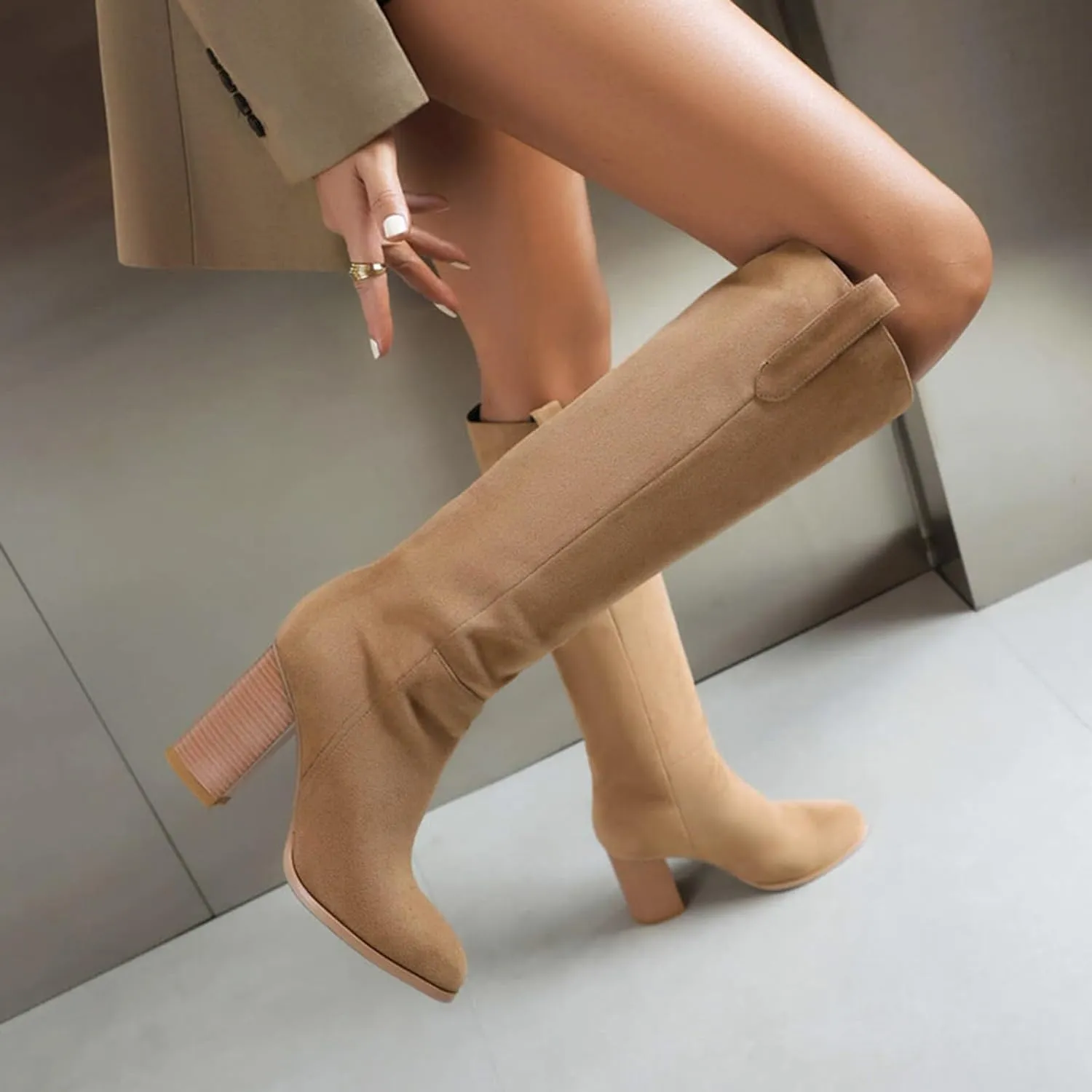 Boots for Women Solid color Block Heels Soft Comfortable Womens Boots Round Toe Anti-slip Keen-High Flock Boots