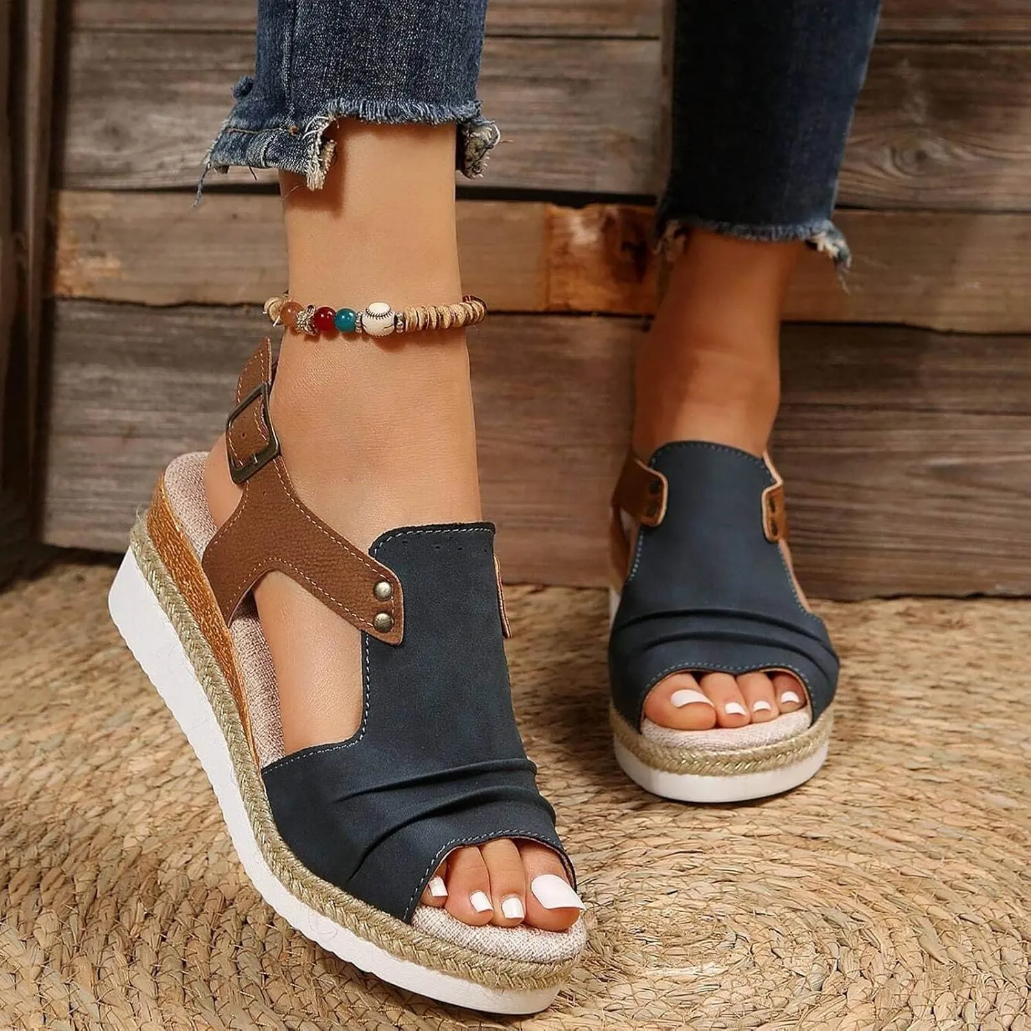Cathalem Summer Sandals for Women 2024 Flat Open Toe Ankle Strap Espadrilles Sandals Casual Slip on Beach Sandals