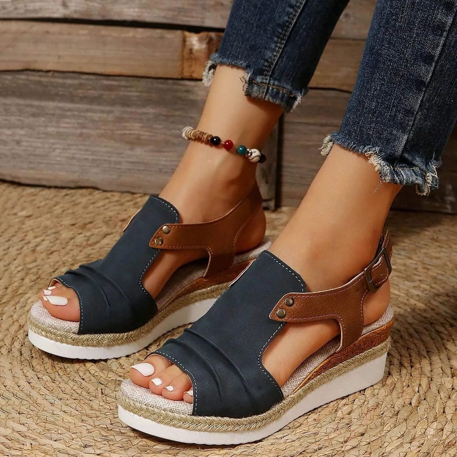Cathalem Summer Sandals for Women 2024 Flat Open Toe Ankle Strap Espadrilles Sandals Casual Slip on Beach Sandals
