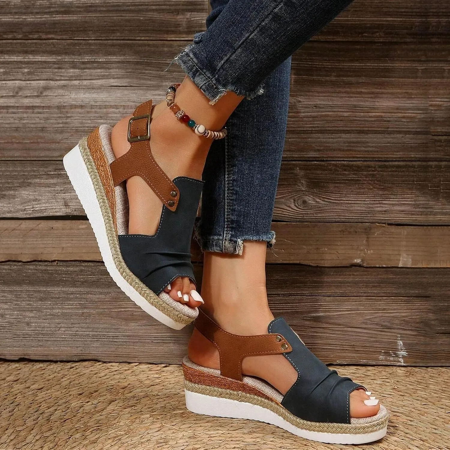 Cathalem Summer Sandals for Women 2024 Flat Open Toe Ankle Strap Espadrilles Sandals Casual Slip on Beach Sandals