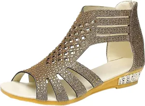 Cathalem Wedge Sandals for Women Non Slip Jeweled Bohemian Weight Slingback Sandals Rhinestone Gladiator Flat Shoe