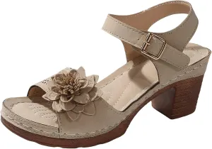 Chic Flowers Chunky Block Heels for Womens Bohemia Ankle Strap Platform Wedge Sandals Hollow Out Leather Sandals Work Office Dress Shoes