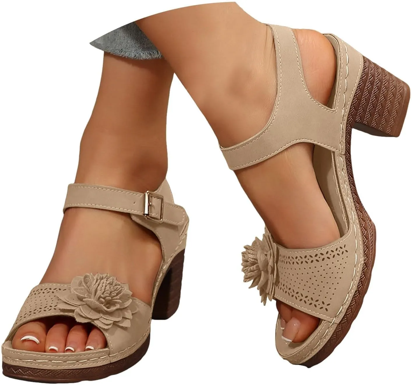 Chic Flowers Chunky Block Heels for Womens Bohemia Ankle Strap Platform Wedge Sandals Hollow Out Leather Sandals Work Office Dress Shoes