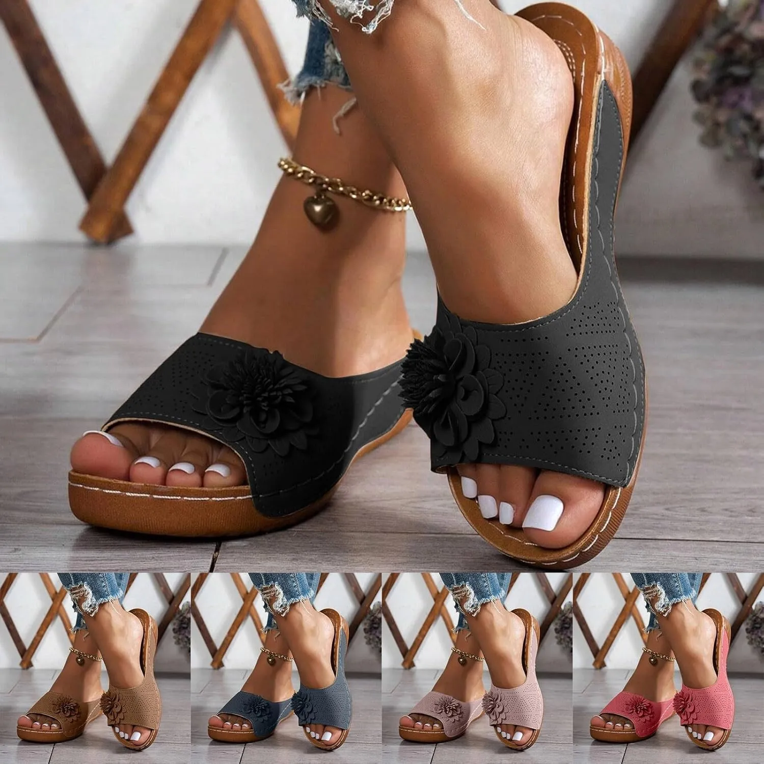 Chic Flowers Orthopedic Sandals for Women,Flowers Orthopedic Sandals for Women Arch Support,Fish Mouth Open Toe Leather Floral Slippers,Casual Dressy Wedge Platform Sandal Breathable Summer 2025