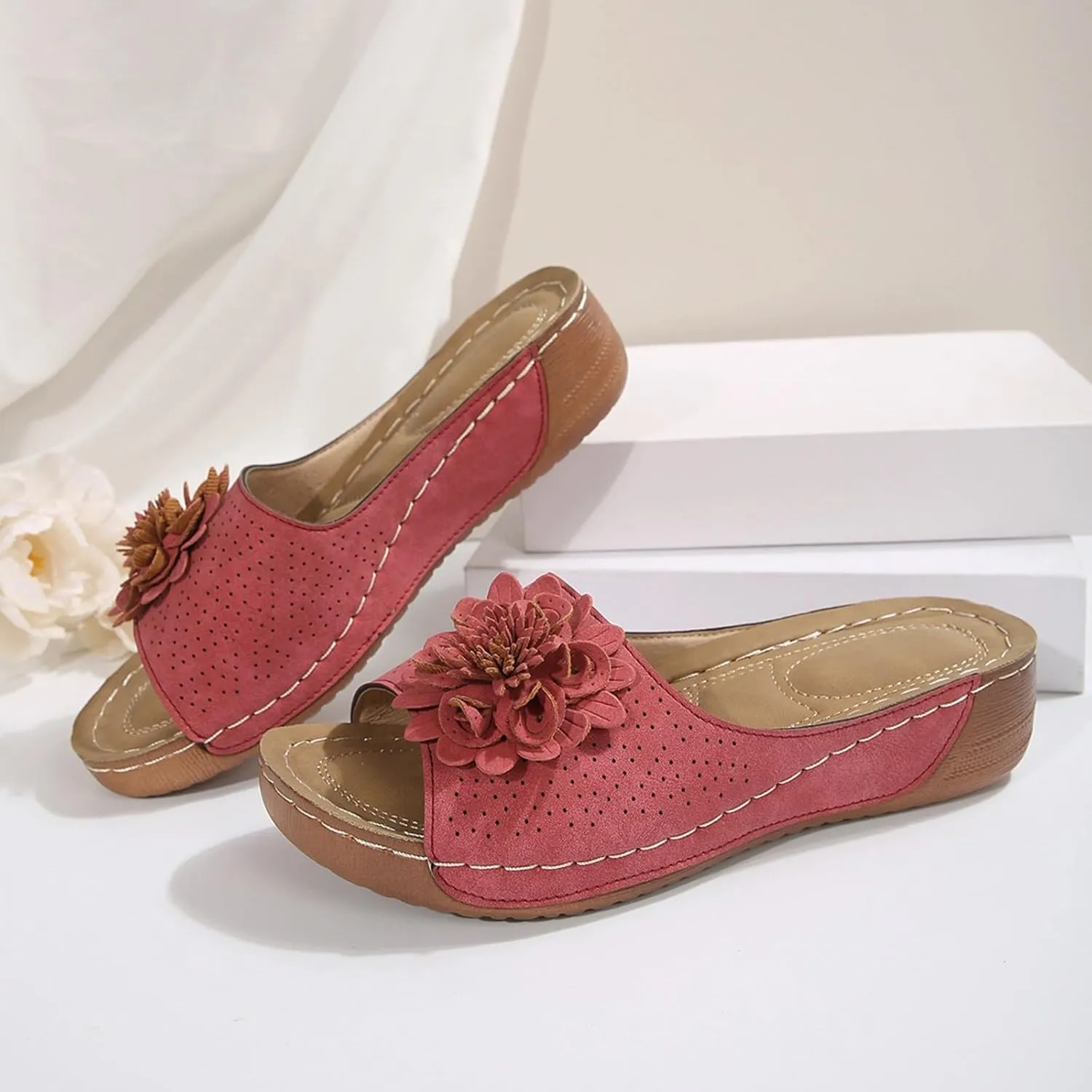 Chic Flowers Orthopedic Sandals for Women,Flowers Orthopedic Sandals for Women Arch Support,Fish Mouth Open Toe Leather Floral Slippers,Casual Dressy Wedge Platform Sandal Breathable Summer 2025