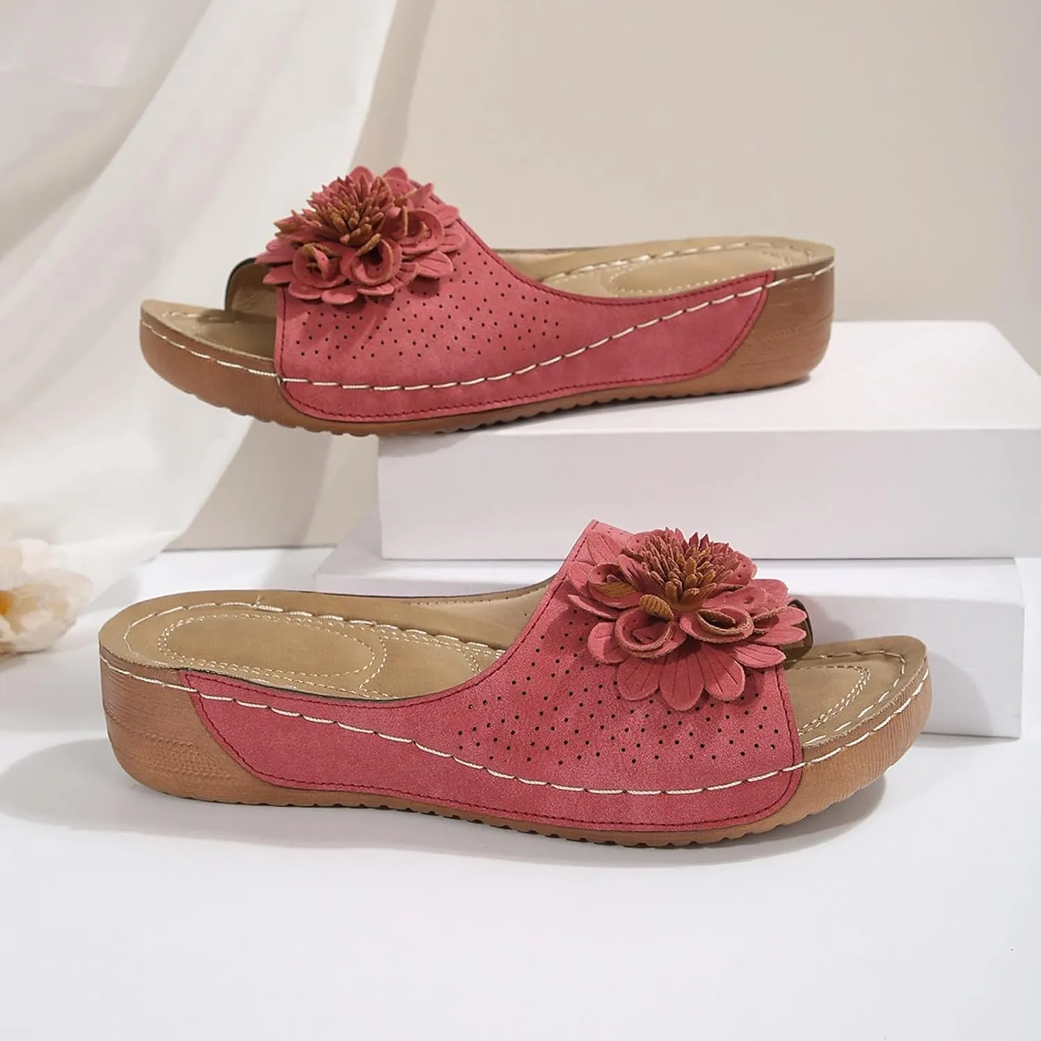 Chic Flowers Orthopedic Sandals for Women,Flowers Orthopedic Sandals for Women Arch Support,Fish Mouth Open Toe Leather Floral Slippers,Casual Dressy Wedge Platform Sandal Breathable Summer 2025