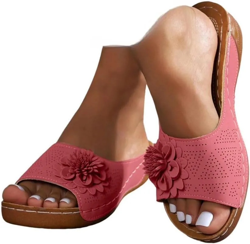 Chic Flowers Orthopedic Sandals for Women,Flowers Orthopedic Sandals for Women Arch Support,Fish Mouth Open Toe Leather Floral Slippers,Casual Dressy Wedge Platform Sandal Breathable Summer 2025
